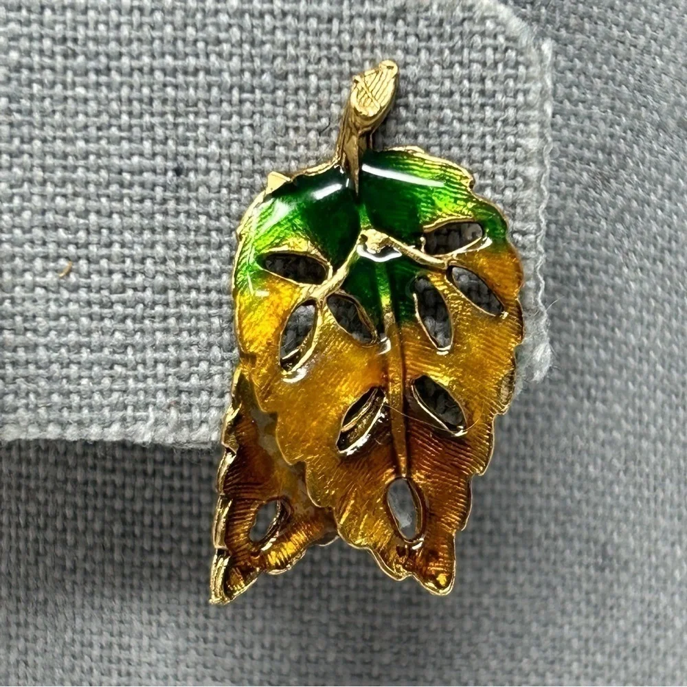 Small Green and Brown Multicolor Enamel Leaf Stud Earrings Fall Foliage